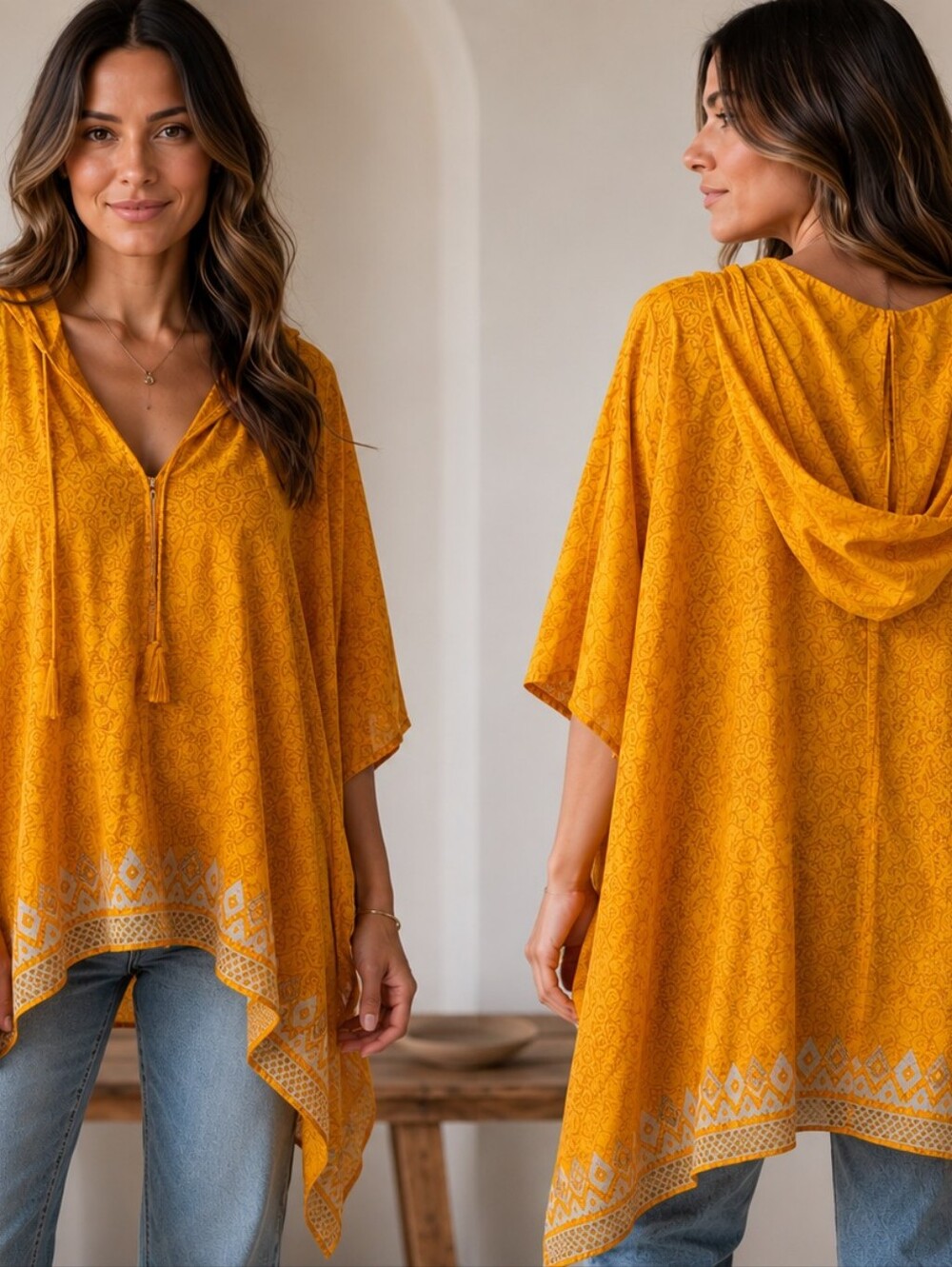 Darn Good Recycled Silk Sari Poncho Mustard Yellow Boho Hooded Tunic OSDescrip